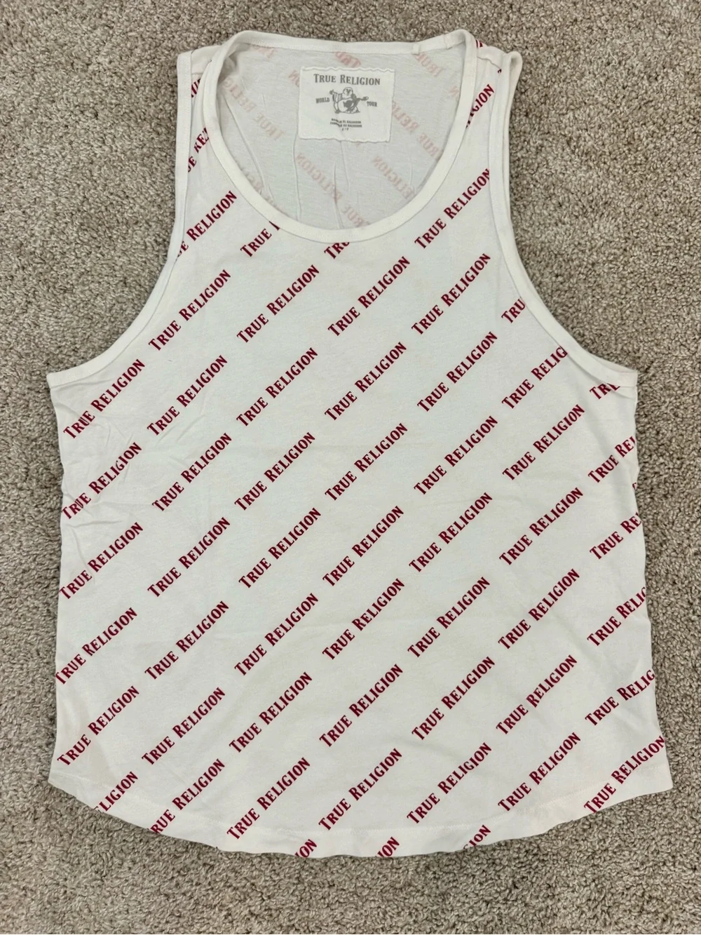 True Religion White Tank with Red Diagonal Logo Print